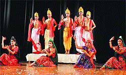Children present a dance item during a function on Mahavira Jayanti in Jammu on Wednesday