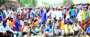 The protesters on strike at the ICP in Attari on Wednesday. 
