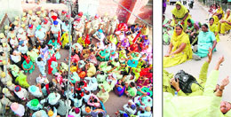 Members of the Sanjha Mulajam Manch protest outside the Zila Parishad office in Amritsar on Thursday.