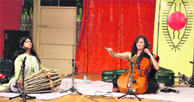 Cellist Saskia Rao performs at Spring Dale School in Amritsar on Thursday.