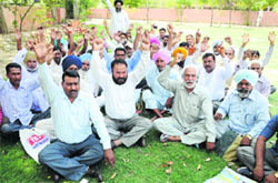 Members of the PWD Field & Workshop Union hold a protest in Bathinda on Thursday.