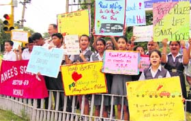 Students of Anees School, Mohali, celebrate Traffic Awareness Week on the school campus on Thursday