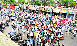 A march is taken out in Kaithal on Thursday to seek justice for the Pabnawa Dalits