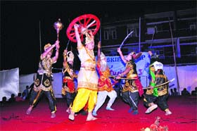 Students of the Shri Krishan Institute of Engineering and Technology, Kurukshetra, present an item during a cultural programme on the premises of the institute