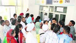 Applicants make a beeline at token counter of Suwidha Centre which remained closed due to power failure in Jalandhar on Thursday. 