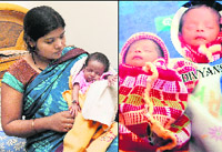 Pooja Sharma, whose six-week-old son Divyansh (right) died after being administered Easyfive vaccine, with her younger son at Hallo Majra on Friday.
