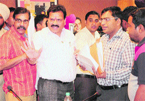 Dr Raj Kumar Verka (second from left), vice-chairman, National Commision for SC/ST, during a meeting with senior officials of the UT Administration in Chandigarh on Friday. 