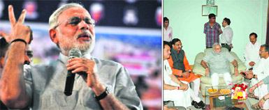 Gujarat Chief Minister Narendra Modi at a function in Haridwar on Friday; and (right) he meets senior leaders of the state unit of the BJP at Jolly Grant Airport in Dehradun.