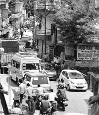 A traffic jam on Guptganga road in Kangra on Thursday. Photo: Ashok Raina