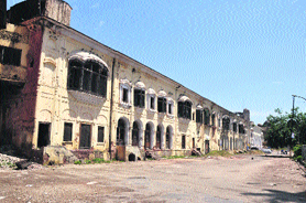 A view of deserted Mubarak Mandi Complex in Jammu on Friday.