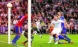 Chelseas Moses (in white) scores against Basel during their Europa League semifinal first leg match in Base