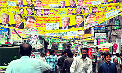 Election banners on a street in Lahore