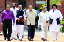 Delhi BJP president Vijay Goel with other party leaders coming out of the Presidents residence after submitting the chargesheet against Chief Minister Sheila Dikshit in New Delhi on Saturday.