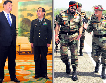 Chinas President Xi Jinping (L) with Chief of the General Staff of the Peoples Liberation Army Fang Fenghui; and (R) the Indian Army Chief, General Bikram Singh, during a visit to J&K. 