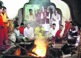 A hawan being performed at the Bajjreshwari temple in Kangra on Saturday