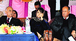 Jammu and Kashmir opposition party Peoples Democratic Party (PDP) president Mehbooba Mufti, along with senior party leaders, during a rally at Bakshi park in Anantnag on Saturday