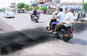 A speed-breaker on the Bathinda-Goniana road. Plastic humps will now be replaced with traditional speed-breakers by the municipal corporation in the city