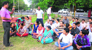 Teachers assemble at a park in Sector 20, Chandigarh, to discuss their issues on Sunday.