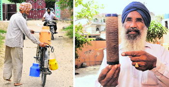A man fetches water on his bicycle at Manauli village in Mohali; and (below) a resident shows a muddy candle of his water filter.