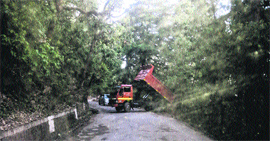 A truck tipper being used to dump debris caused by construction in a forest area on the McLeodganj-Dharamsala road in Kangra district.