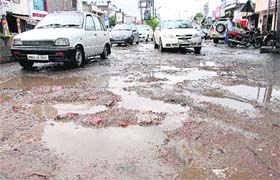 The damaged stretch from the BSF camp to the DC office on the Ladowali road in Jalandhar