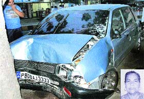 The ill-fated Zen car that met with an accident, resulting in the death of Shanti Devi (inset) in Civil Hospital on Sunday