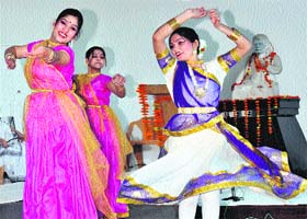 Girls perform a dance at the KL Saigal Memorial hall in Jalandhar on Sunday