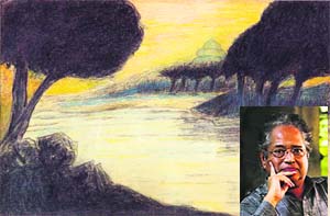 Sudhir Kakar (inset) with Rabindranath Tagores painting 