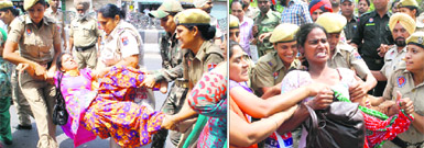 Protesting special trainer teachers being rounded up in Bathinda on Monday. 