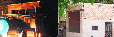A pucca structure being constructed overnight for housing a liquor vend; and (right) the structure with a fresh coat of whitewash outside the lal dora of Dhanas village on Monday.