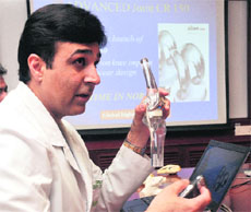 Dr Manuj Wadhwa apprises the media of his feat at Fortis Hospital in Mohali on Monday. 