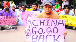 ABVP activists hold a protest at the Student Centre of Panjab University on Monday.
