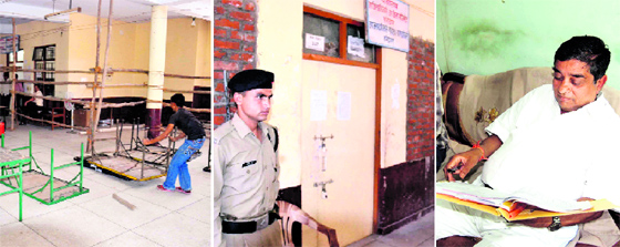 (From left) Workers arrange tables at the SDMs court, Roshanabad, ahead of the counting of votes for the civic bodies elections in Haridwar; a policeman stands guard outside the strongroom at a vote counting centre at Roshanabad, and Rashtriya Krantikari Manch mayoral candidate from Haridwar Murali Manohar has a look at voting figures at the Mayapur party office in Haridwar on Monday.