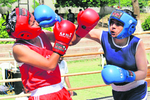 A bout in progress at the 14th Senior State Women Boxing Championship at Lovely Professional University, near Jalandhar. 
