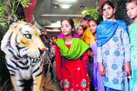 Children visit the Science Express at Bajalta railway station in jammu on Monday