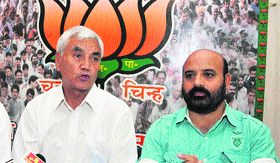 BJP leader Thupstan Chhewang addresses a press conference in Jammu on Monday.