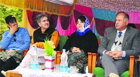 Mehbooba Mufti, president of the Peoples Democratic Party, along with party leaders, during a rally at Qazigund in Anantnag, Sringar, on Monday