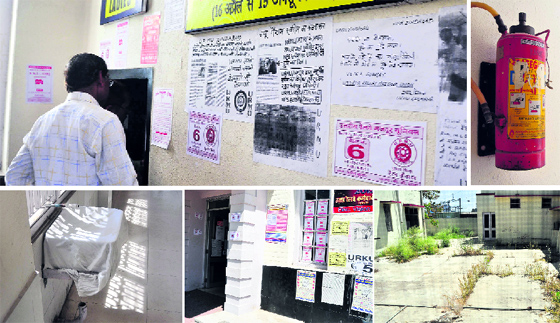 A man reads the poster of an employees union pasted outside the out patient department at the Railway Hospital in Ludhiana; an outdated fire extinguisher with torn maintenance slips; weed grown on the hospital premises; and posters pasted at the entrance to the hospital.