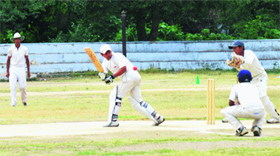 A Jalandhar batsman plays a shot in a match against Ludhiana during the Punjab State Inter-District Cricket Tournament (U-16) for ML Markan Trophy at SCD Government College, Ludhiana on Monday.