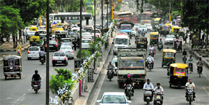 A view of traffic near Bharat Nagar Chowk on Ferozepur Road in Ludhiana on Monday.