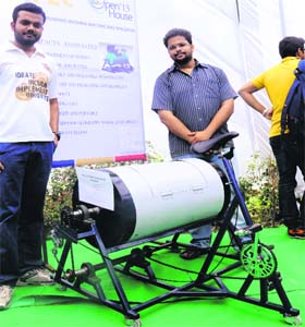 Students with their pedal-powered washing machine at the PEC University of Technology in Chandigarh on Tuesday