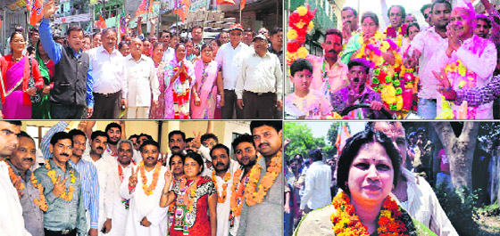 (Clockwise) Champa Shah of the BJP, who won the Kapkot Nagar Panchayat elections, at her victory procession; Congress candidate Geeta Rawal, who won the Bageshwar Nagar Panchayat president seat; councillor from ward no. 23 Lalita Chauhan comes out of a counting centre in Haridwar with all smiles; and Manoj Garg, winner of the Haridwar Mayor seat, with ward councillors in Haridwar on Tuesday.