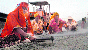Oblivious of the sweltering heat, women from Rajasthan work hard on a road in Jalandhar on Tuesday.