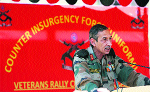 General Officer Commanding, 16 Corps, Lt Gen DS Hooda addresses a Veterans Rally at Kalakote in Rajouri on Tuesday. 