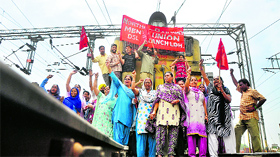 Raliway employees union activists block a railway track in Ludhiana on Tuesday. Rail traffic in the region remained disrupted as union activists held a protest at several stations, demanding the arrest of those who had attacked them on April 27. Dharnas were also staged in Jalandhar, Amritsar and Pathankot.
