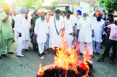Protesters burn an effigy to vent their anger against the acquittal of Sajjan Kumar, an accused in a case related to the 1984 anti-Skhi riots, at Rampura Phul on Wednesday.