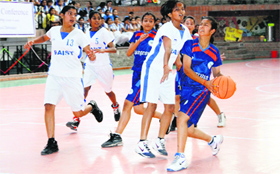 A match in progress during the All-India Public Schools' Under-14 Basketball Championship for Girls at Welham Girls School in Dehradun on Wednesday.
