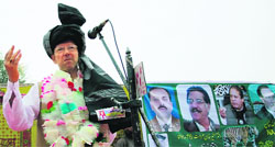 PML-Ns Salim Saifullah Khan at a rally in the troubled Khyber Pakhtunkhwa province.  AFP file photo