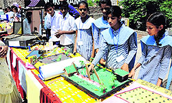 Students from schools across the district display their projects which have been chosen for INSPIRE Award, at the Teachers' Home in Bathinda on Thursday