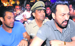 Bollywood actor Salman Khan being escorted by his bodyguard and the police at the Elante mall in Chandigarh on Thursday.